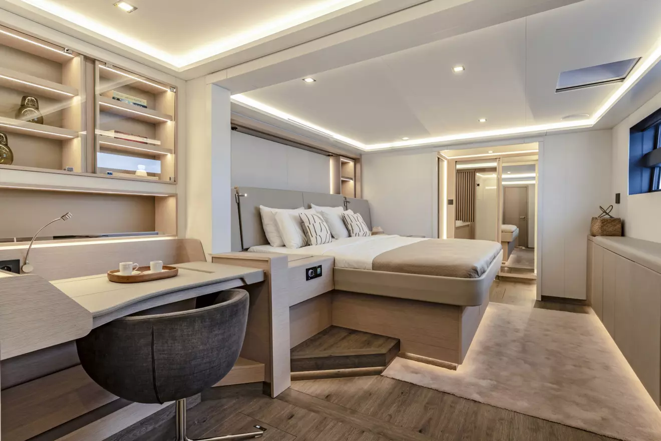 he luxurious master suite on a Fountaine Pajot Thira 80 catamaran.