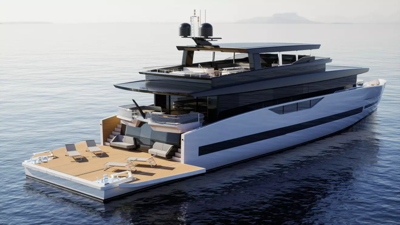 Aft view of GX42 superyacht, featuring swim platform, sundeck furniture, and outdoor entertainment areas