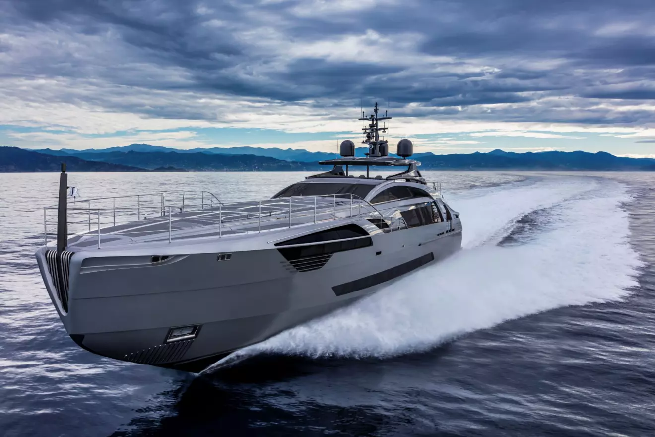 A gray Pershing 140 yacht cruising