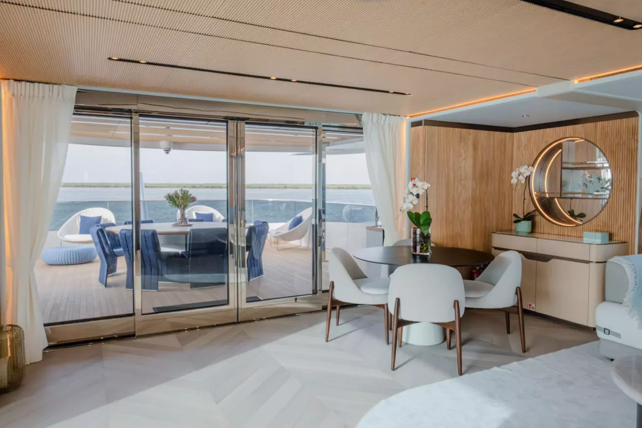 Upper deck lounge area on Majesty 145
