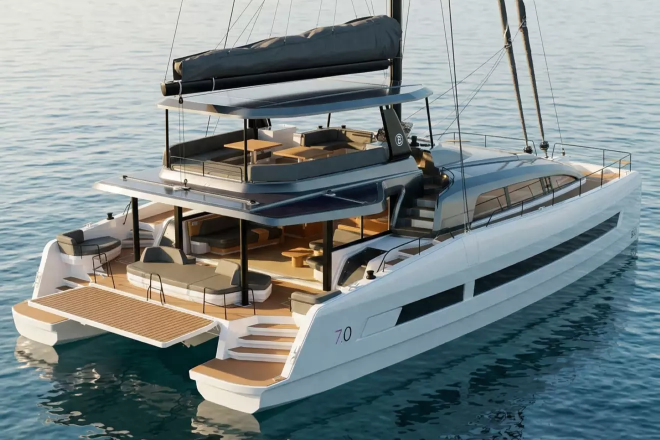Rear view of the Bali 7.0 showing the easy access to the water and the spacious aft cockpit for outdoor dining