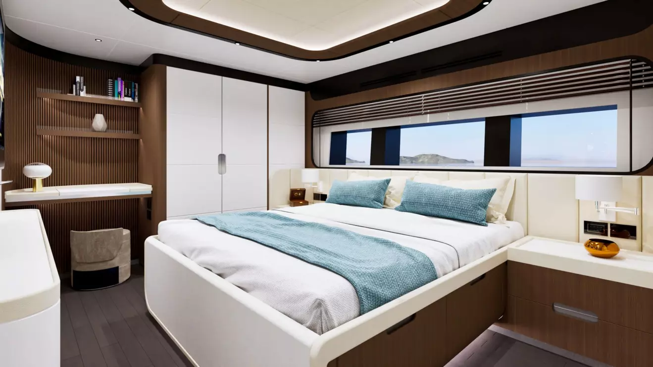 GX42 superyacht guest cabin with comfortable bedding, modern decor, and high-end materials