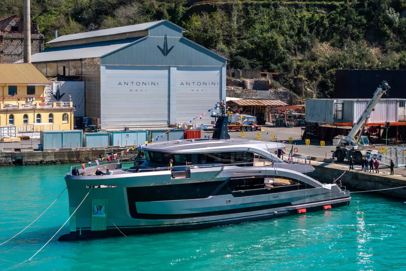 The launch of Antonini Navi Seamore 34, a 34-meter custom steel superyacht in La Spezia