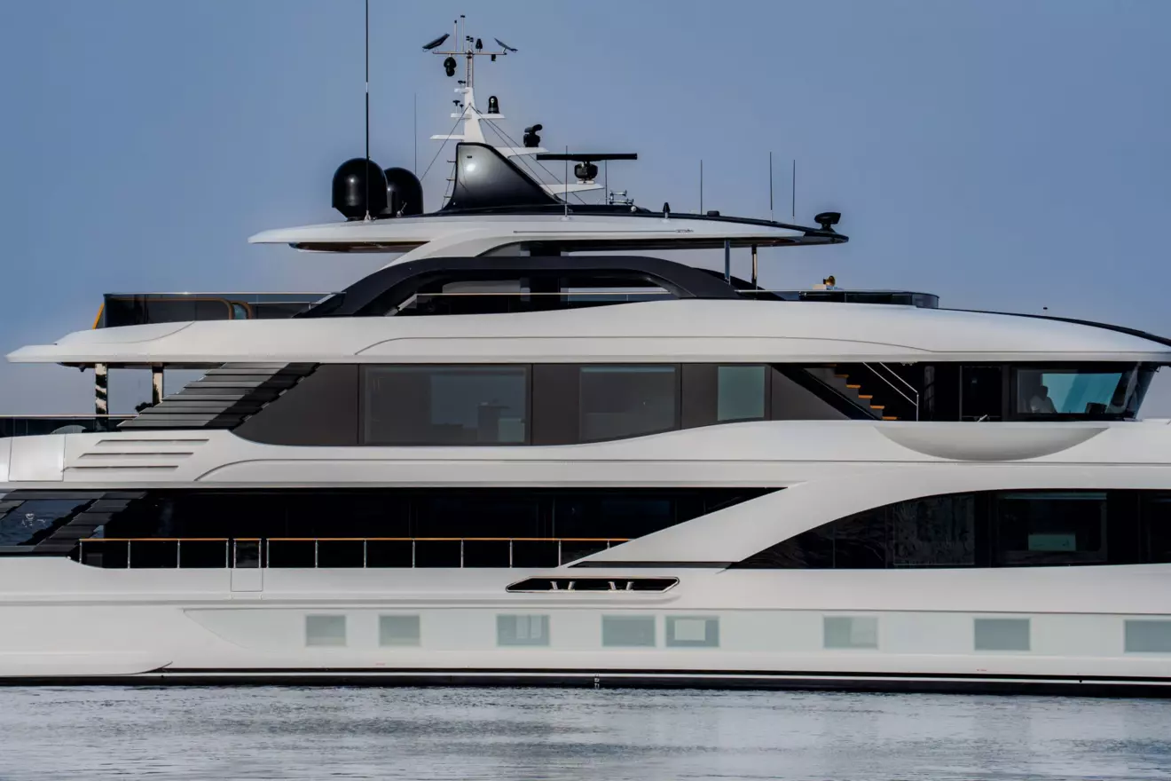 Profile view of the Majesty 145 superyacht deck layout
