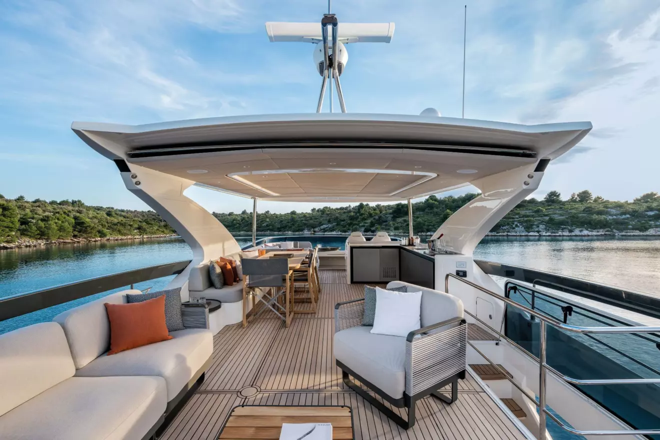 The covered flybridge of the Absolute 70 Fly