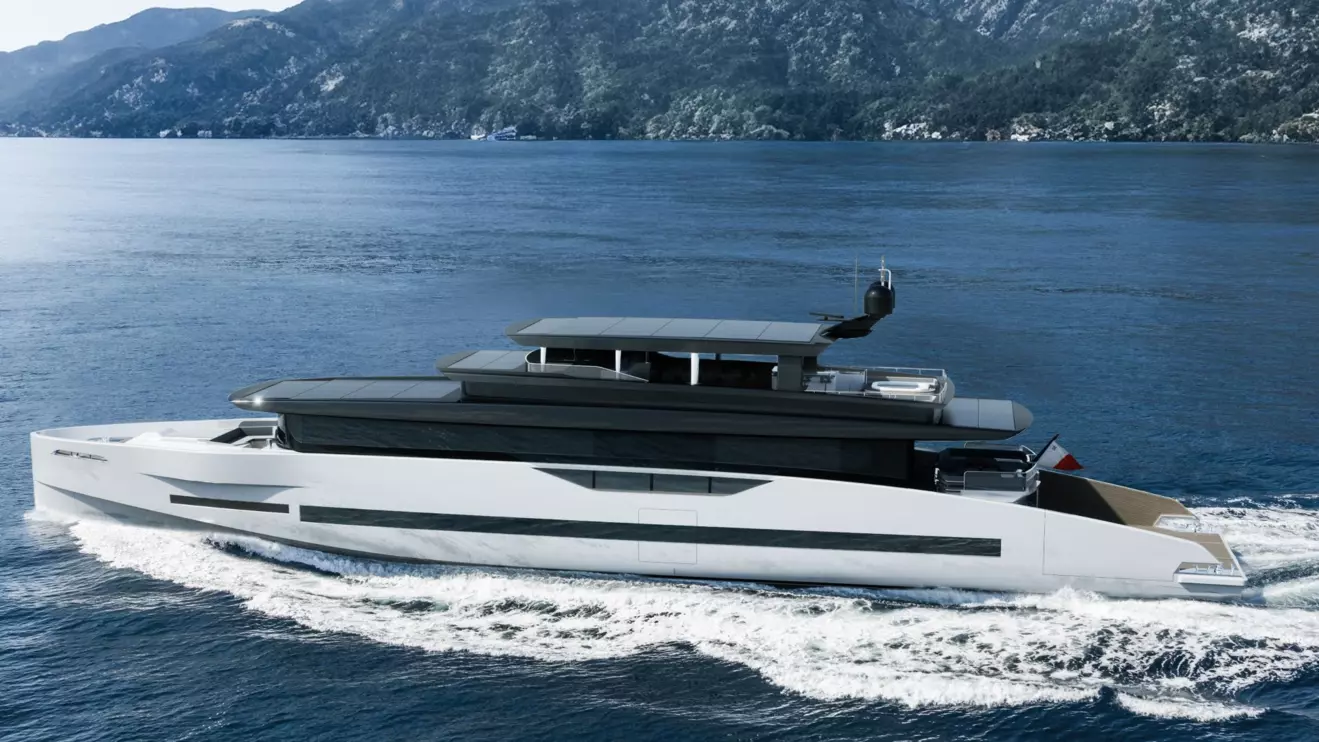 Side view of GX42 superyacht, showcasing sleek low-profile hull and elegant exterior lines