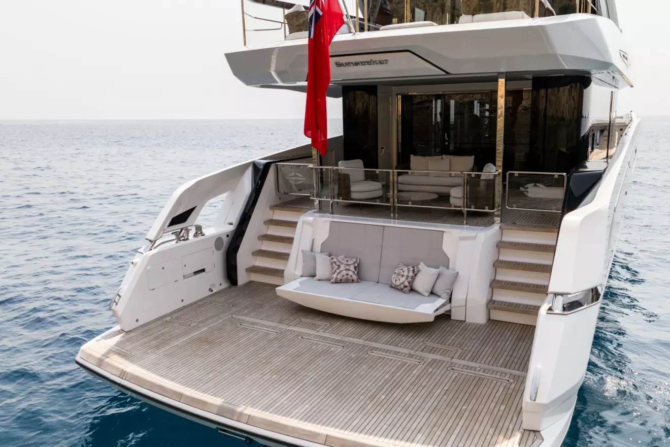 Spacious beach club and hydraulic swim platform on Sunseeker Ocean 82 Enclosed with tender storage