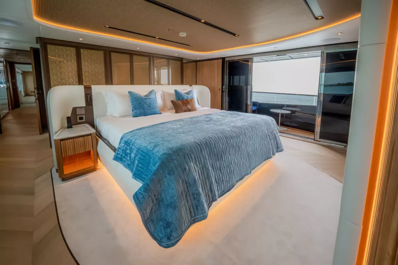 Master cabin on Majesty 145 with king-sized bed