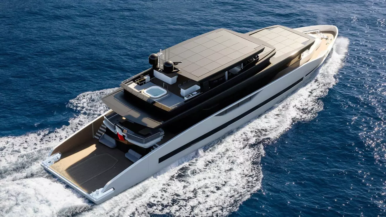 Aerial view of GX42 superyacht, highlighting sun deck layout and overall design