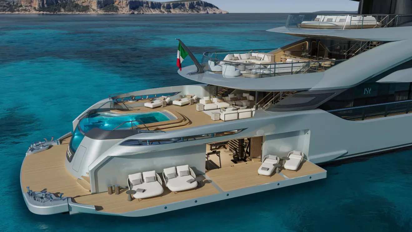 ISA Granturismo 66M aft deck beach club