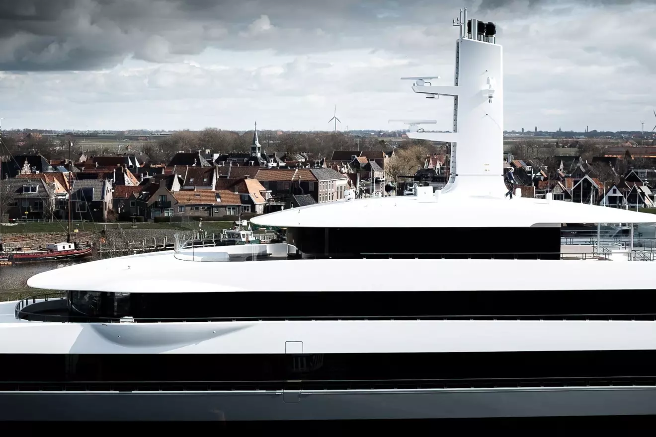 A close-up shot of the white upper deck of the luxury yacht Moonrise.