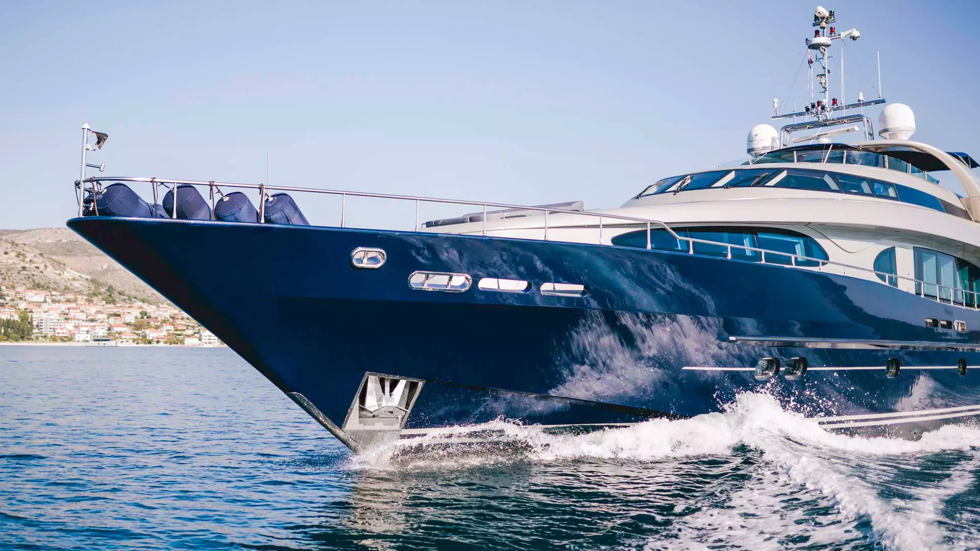 Bow portside view of yacht