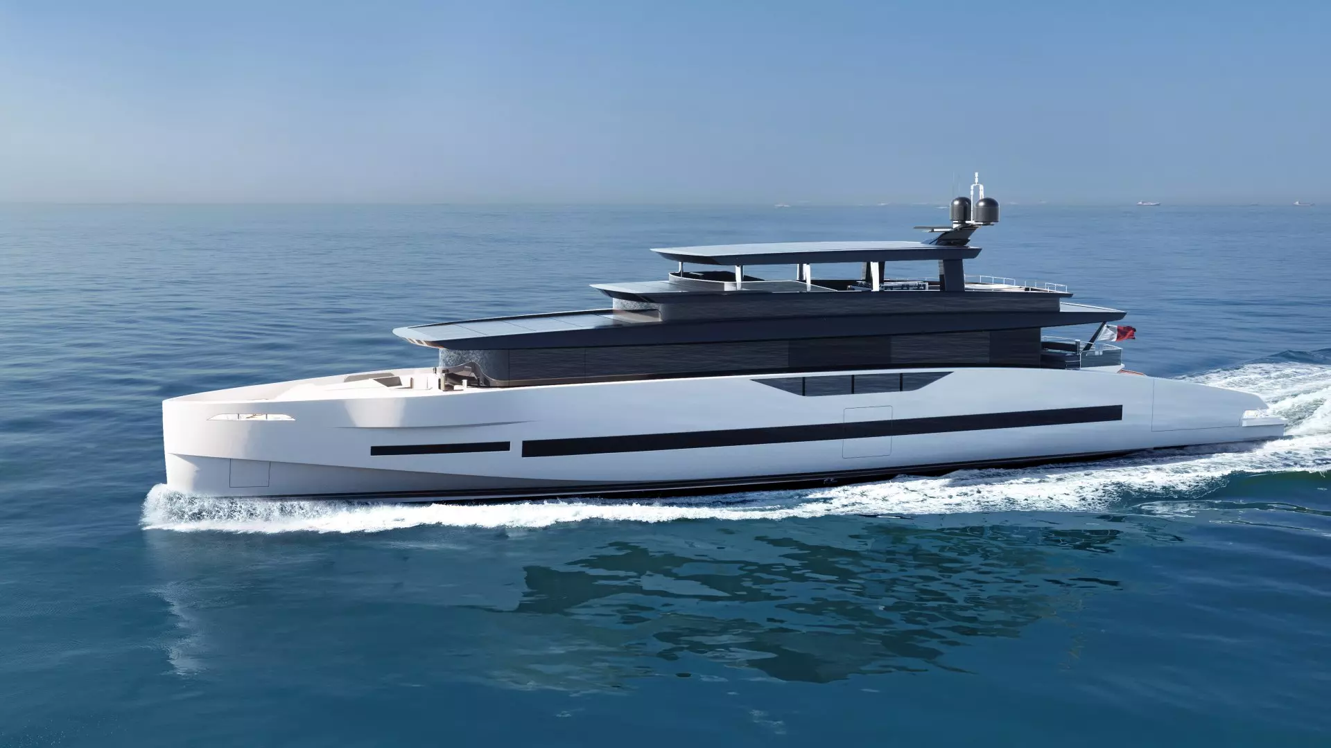 GX42 superyacht in motion, showcasing low-profile hull and sun deck lifestyle
