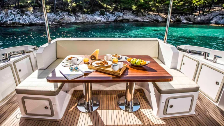 Dining area aboard a luxury yacht